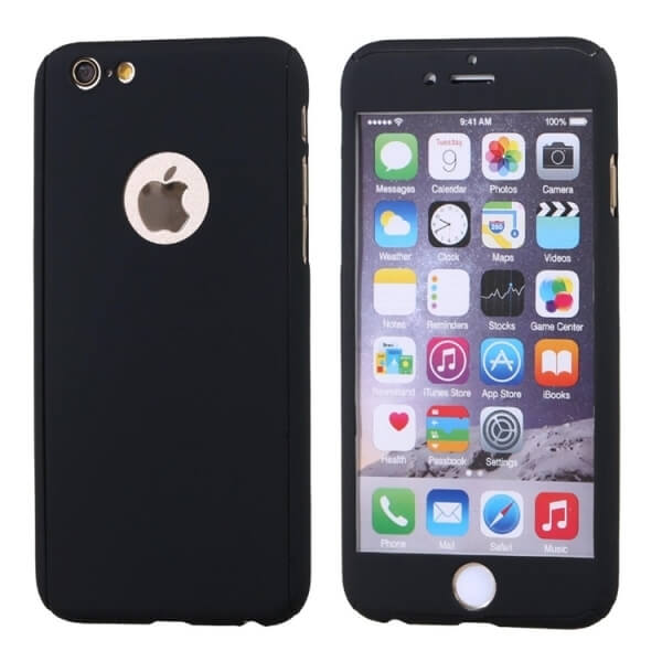 Ochranný 360° celotělový plastový kryt s ochranným sklem pro Apple iPhone 6/6S - černý
