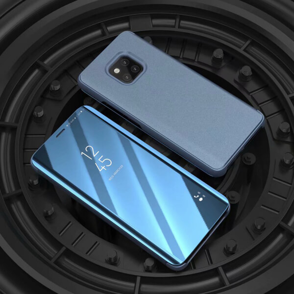 Zrcadlový plastový flip obal pro Huawei Mate 20 Pro - modrý
