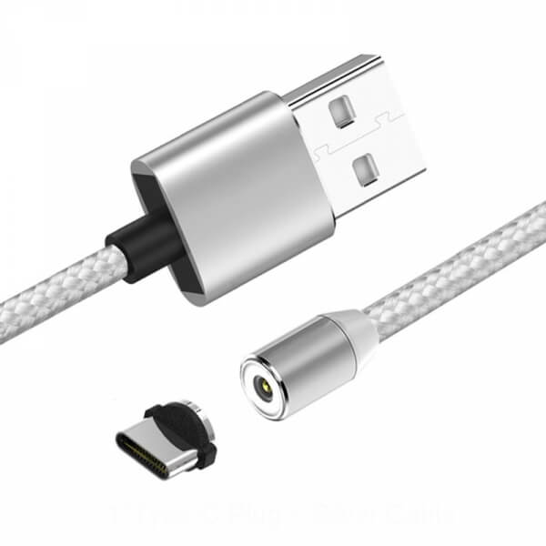 3v1 LED USB nabíjecí kabel s magnetickými koncovkami Lightning/Micro USB/Type C - stříbrný