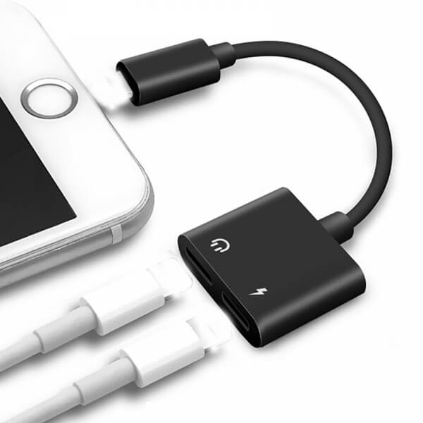 Adaptér s dvojitou redukcí Lightning pro nabíjení a sluchátka Apple iPhone 7, 8 Plus, X, XS a další černý