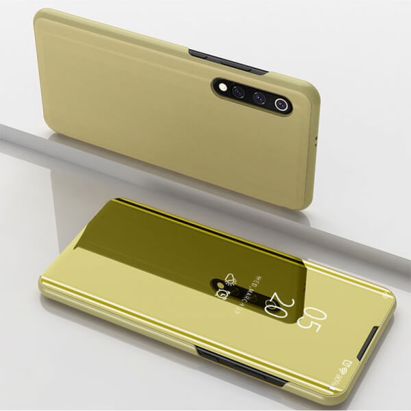 Zrcadlový plastový flip obal pro Xiaomi Mi 9 - zlatý