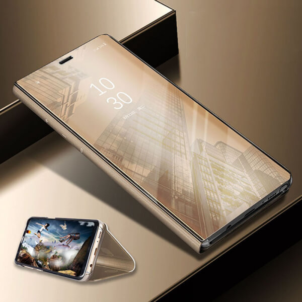 Zrcadlový plastový flip obal pro Huawei Y7 2019 - zlatý