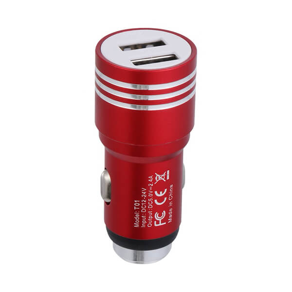 2v1 USB dvojitá hliníková nabíječka do auta pro mobilní telefony, tablety, navigace a další - červená
