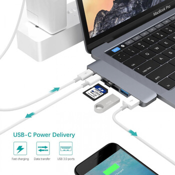 6v1 Redukce z USB-C na USB Type C, USB3.0, TF, SD karty pro Nový Apple MacBook Pro 13" 15" TouchBar (2016-2019) šedá
