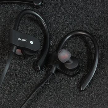 Bezdrátová Bluetooth sportovní sluchátka s ovládáním a hákem za uši - černá