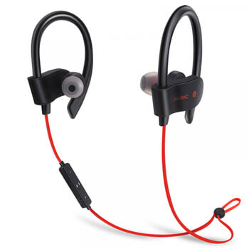 Bezdrátová Bluetooth sportovní sluchátka s ovládáním a hákem za uši - červená