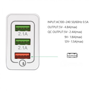 Univerzální rychlonabíjecí síťový adaptér nabíječka do zásuvky 3x USB - bílý
