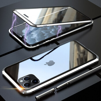 Ochranný kryt s hliníkovým magnetickým rámečkem a ochraným sklem pro Apple iPhone 11 Pro Max - stříbrný