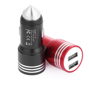 2v1 USB dvojitá hliníková nabíječka do auta pro mobilní telefony, tablety, navigace a další - červená