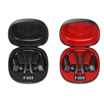 Sportovní bezdrátová bluetooth sluchátka s nabíjecím pouzdrem a držáky na ucho - černá