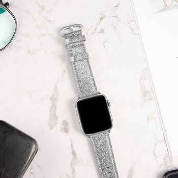 Třpytivý pásek z umělé kůže pro chytré hodinky Apple Watch 44 mm (4.série) - stříbrný
