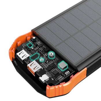 Cestovní powerbanka se solárním nabíjením a svítilnou s kapacitou 16000 mAh - černá