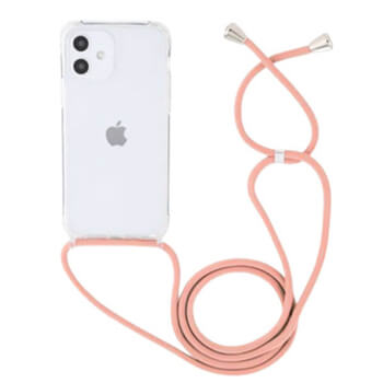 Průhledný silikonový ochranný kryt se šňůrkou na krk pro Apple iPhone 13 Pro - růžová