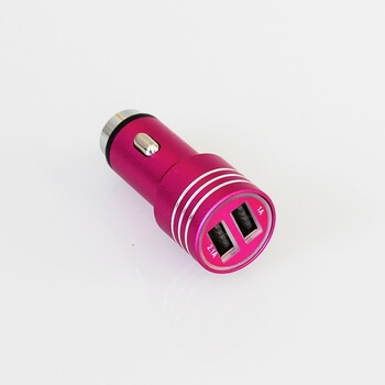 2v1 USB dvojitá hliníková nabíječka do auta pro mobilní telefony, tablety, navigace a další - růžová