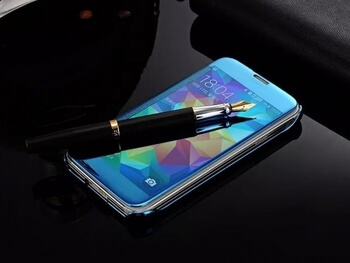 Zrcadlový plastový flip obal pro Samsung Galaxy S6 Edge - modrý