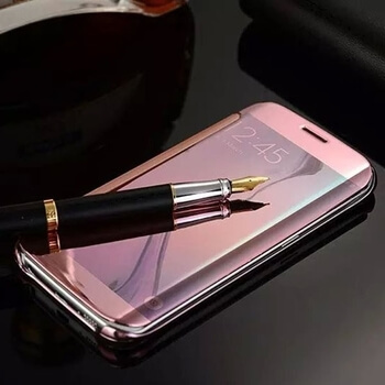 Zrcadlový plastový flip obal pro Samsung Galaxy S6 Edge - růžový
