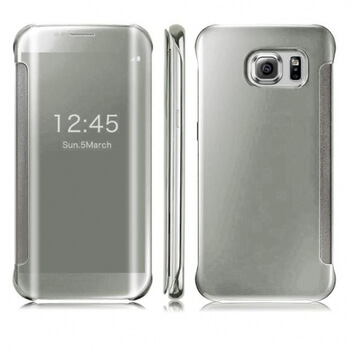 Zrcadlový plastový flip obal pro Samsung Galaxy S6 Edge - stříbrný