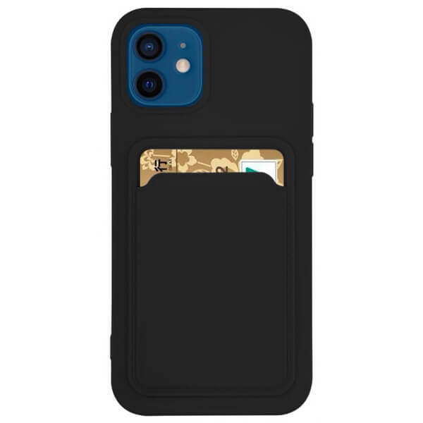 Extrapevný silikonový ochranný kryt s kapsou na kartu pro Apple iPhone 12 - černý
