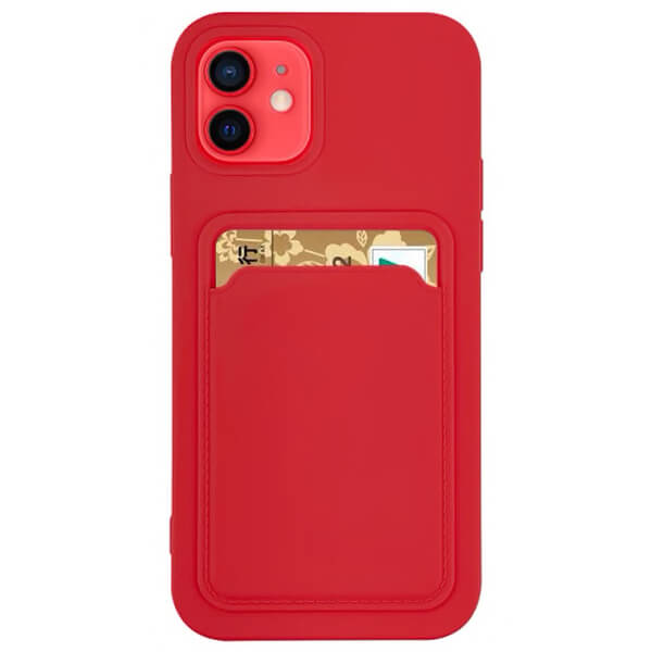 Extrapevný silikonový ochranný kryt s kapsou na kartu pro Apple iPhone 12 Pro - červený