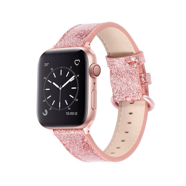 Třpytivý pásek z umělé kůže pro chytré hodinky Apple Watch SE 44 mm (2020) - růžový