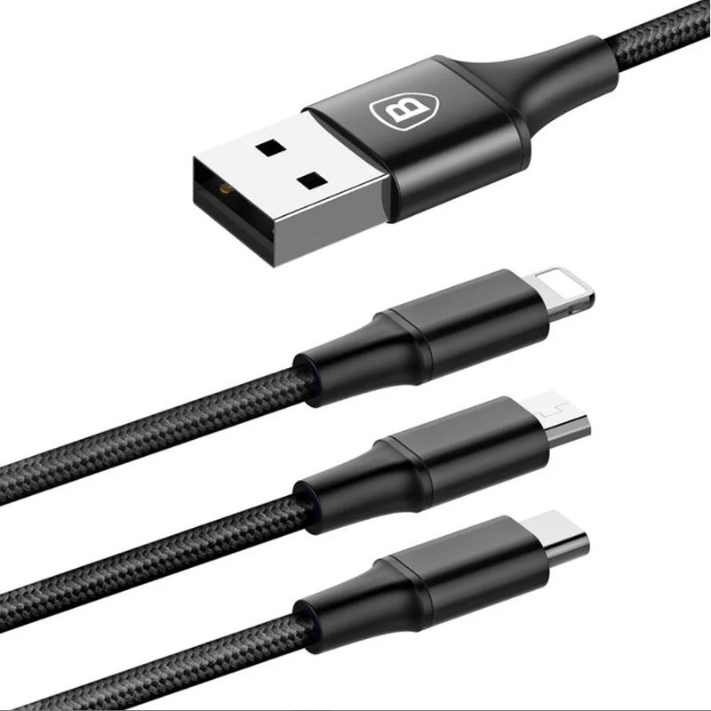Multifunkční kabel 3v1 s konektory Micro USB, USB-C a Lightning - černý