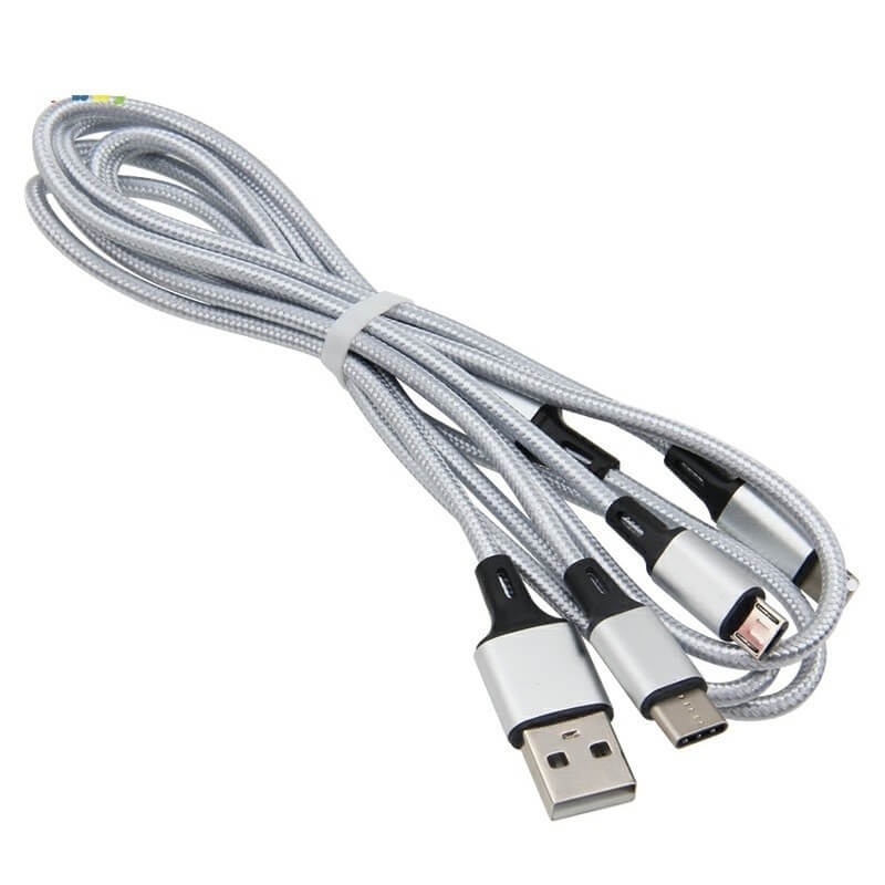 Multifunkční kabel 3v1 s konektory Micro USB, USB-C a Lightning - stříbrný
