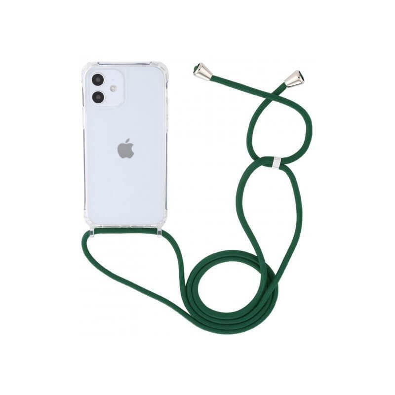Průhledný silikonový ochranný kryt se šňůrkou na krk pro Apple iPhone 11 Pro - tmavě zelená