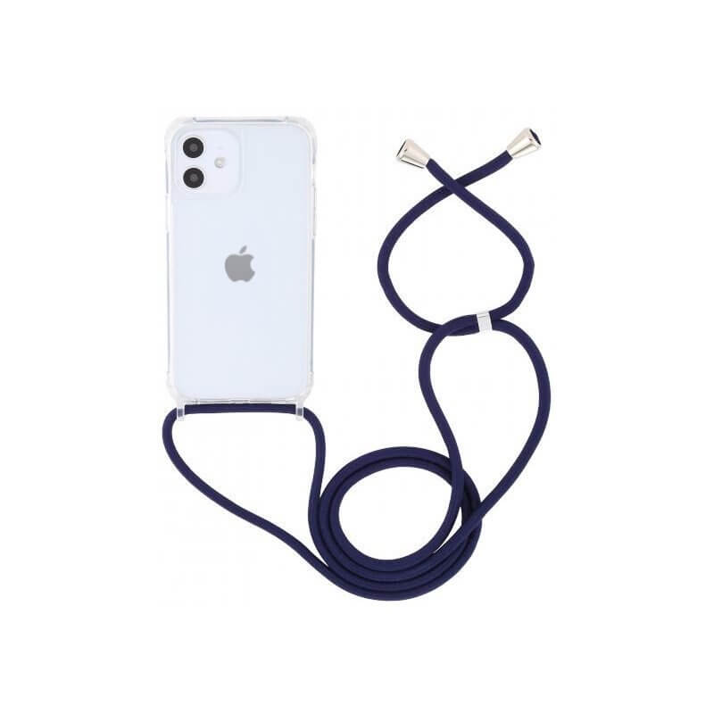 Průhledný silikonový ochranný kryt se šňůrkou na krk pro Apple iPhone 14 - tmavě modrá