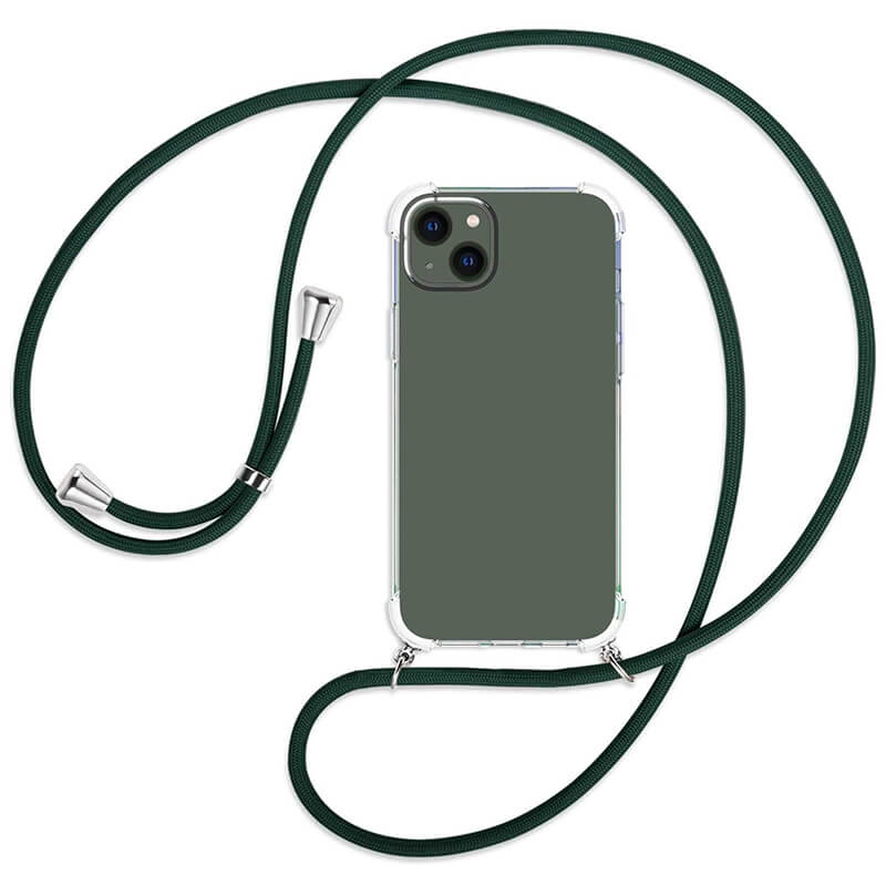 Průhledný silikonový ochranný kryt se šňůrkou na krk pro Apple iPhone 15 Pro Max - tmavě zelená