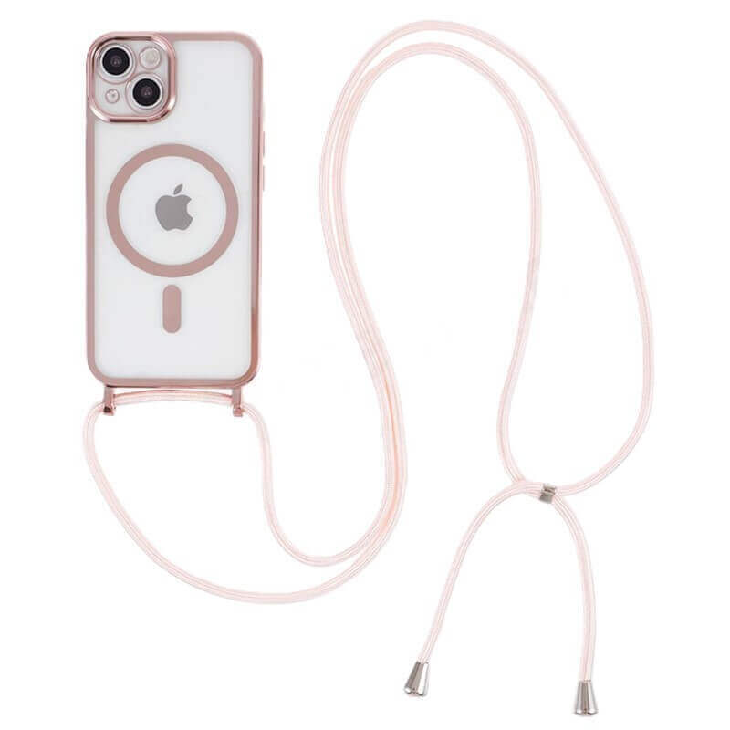 MagSafe silikonový kryt se šňůrkou pro Apple iPhone 15 - světle růžový