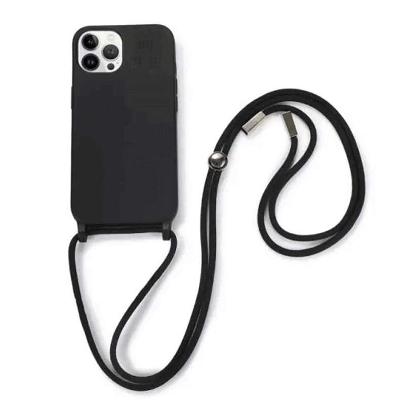 Gumový ochranný kryt se šňůrkou na krk pro Apple iPhone 16 Pro - černý