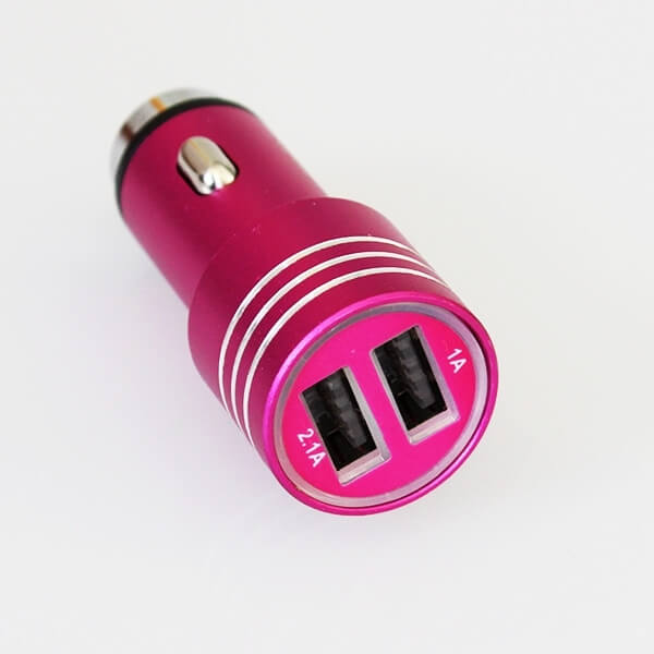 2v1 USB dvojitá hliníková nabíječka do auta pro mobilní telefony, tablety, navigace a další - růžová